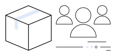Üç minimalist insan figürünün yanında yansıtıcı yüzeylere sahip küp ve veri etkileşimini tasvir eden çizgiler. Takım çalışması, işbirliği, lojistik, grup projeleri, veri paylaşımı, ambalaj için ideal
