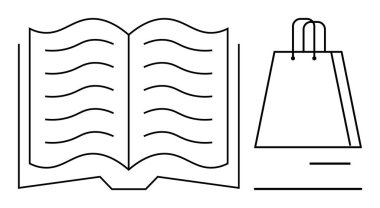 Dalgalı çizgileri olan açık bir kitap ve temiz çizgileri olan bir alışveriş çantası. Eğitim, edebiyat, perakende, e-ticaret, okuma, öğrenme, online alışveriş için ideal. Satır metaforu