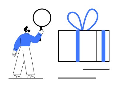 Elinde büyüteç tutan adam büyük boy hediye paketini kurdeleyle inceliyor. Tatil temaları, kutlamalar, hediyeler, sürprizler, gizemli etkinlikler, promosyon malzemeleri ve şenlikli pazarlama için ideal