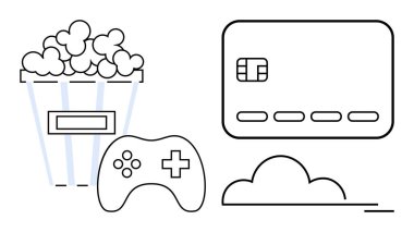Oyun kumandası, patlamış mısır kovası, kredi kartı ve bulut. Oyun, çevrimiçi alışveriş, eğlence, hareketli dijital işlemler, bulut hizmetleri e-ticaret için ideal. Satır metaforu