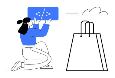 Alışveriş torbası ve bulutun yanında diz çökerken elinde kodlama işareti olan biri. E-ticaret, geliştirme, çevrimiçi alışveriş, kodlama, yenilik, teknoloji, iş büyümesi için ideal. Satır metaforu
