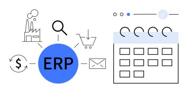 Fabrikası, büyüteçleri, alışveriş arabası, dolar işareti ve takvimi olan merkezi ERP çemberi. Ticari yönetim, kaynak planlaması, finans, işletim sektörü lojistiği için ideal