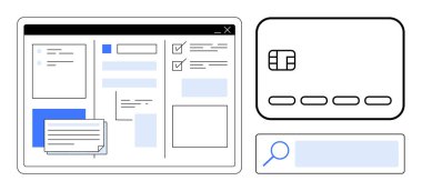 Kontrol listeleri, kredi kartı simgesi ve arama çubuğuyla görev yönetimi arayüzü içeren dijital gösterge paneli. Üretim uygulamaları, mali yönetim, kullanıcı arayüzleri, proje planlaması, web için ideal