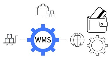 Depoya, arabaya, küreye, cüzdana ve teçhizata bağlı WMS etiketli bir cihaz. Lojistik, tedarik zinciri, e-ticaret envanteri, küresel ticaret ödeme sistemleri için ideal. Satır metaforu