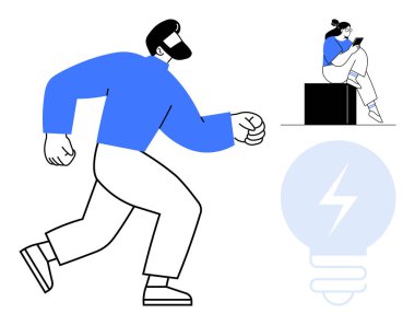 Adam kendine güvenen bir yumrukla yürüyor, kadın bir blokta oturmuş kitap okuyor, yıldırımlı büyük bir ampul. Takım çalışması, motivasyon, beyin fırtınası, yenilik ve eğitim için ideal