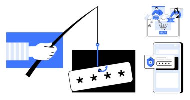 El ele tutuşan olta yakalama şifresi yakalama girişimi, kullanıcılarla online alışveriş arabası, güvenlik simgesiyle güvenli giriş ekranı. Siber güvenlik ve çevrimiçi güvenlik için ideal