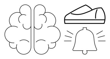 Ortadaki beyin simgesi, sağdaki terlik simgesi, terliklerin altındaki alarm çanı simgesi. Zihinsel sağlık, rahatlama, farkındalık, farkındalık, stres yönetimi, refah, terapi kavramları için ideal