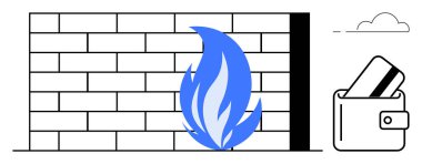 İçinde kredi kartı olan bir cüzdanın yanında, güvenlik duvarını temsil eden mavi alevli tuğla bir duvar. Siber güvenlik, çevrimiçi bankacılık, mali koruma, internet güvenliği, dolandırıcılığı önleme, veri
