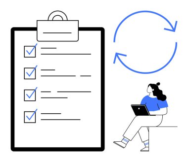 Dizüstü bilgisayar kullanan bir kadının yanında tamamlanmış bir kontrol listesi olan büyük bir pano. Dairesel güncelleme okları. Proje yönetimi, üretkenlik, iş akışı, görev izleme, organizasyon, planlama için ideal