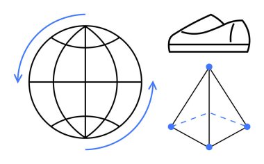 Okları, çizgileri, geometrik piramidi olan mavi düğümleri ve kesik çizgileri olan dönen bir dünya. Küresel bağlantı, moda tasarımı, 3D modelleme, teknoloji, eğitim, geometri için ideal