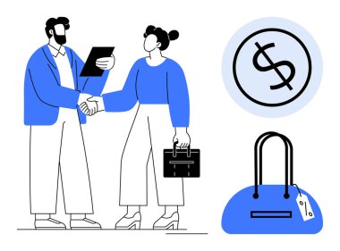 İş ortakları el sıkışıyor, biri evrak tutuyor ve bir kadın evrak çantası tutuyor. Çember içinde dolar işareti ve üzerinde fiyat etiketi olan bir çanta. İş anlaşmaları ve ortaklıklar için ideal
