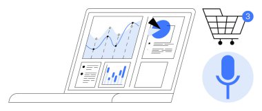 Bir alışveriş arabası tebligatı ve mikrofon simgesi ile grafikleri gösteren dizüstü bilgisayar ekranını aç. E-ticaret, dijital pazarlama, iş görüşleri, sepet analizleri, online alışveriş için ideal