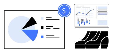 Parça tablosu, baro tablosu, yükselen trend çizgisi ve finansal analizi gösteren dolar sembolü. İş raporları, piyasa araştırmaları, mali planlama, veri görselleştirmesi için ideal