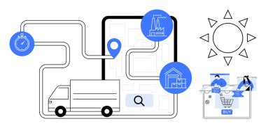 Fabrika, depo ikonları, kronometre, güneş ve çevrimiçi alışveriş arabaları olan bir haritadaki bir rotayı takip eden kargo kamyonu. Lojistik, e-ticaret, tedarik zinciri, teslimat hizmetleri ve zaman için ideal