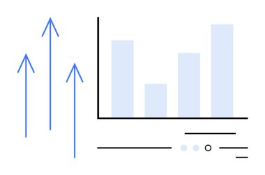 Mavi sütunlu çubuk grafik büyüme veri eğilimlerini gösteriyor. Yukarı doğru üç ok ilerlemeyi ve başarıyı simgeliyor. Ticari büyüme, ilerleme izleme, performans ölçümleri ve veri analizi için ideal