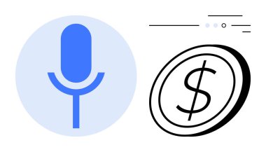 Bir dolar işaretinin yanında mavi mikrofon sembolü. Podcast, ses içeriği, para kazanma stratejileri, ses tabanlı hizmetler, finansal büyüme, medya platformları, reklamcılık için ideal. Çizgi