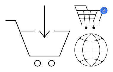 Düşük oklu alışveriş arabası, tebligat rozetli alışveriş arabası, dünya ikonu. E-ticaret, çevrimiçi alışveriş, web sitesi tasarımı, küresel ticaret, dijital pazarlama, ticaret uygulamaları için ideal