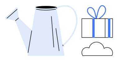 Sulama kutusu, kurdeleli hediye kutusu ve büyümeyi, beslenmeyi, ödülü ve potansiyeli sembolize eden bulut. Büyüme, beslenme, çevre dostu temalar için ideal. Kutlamalar, soyut hava kavramlarını ödüllendiriyor.