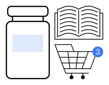 İlaç şişesi, açık bir kitap ve bildiri rozetli bir alışveriş arabası ikonu. E-ticaret, eczane, eğitim, sağlık hizmetleri, perakende satış müşteri ilişkileri için ideal. Satır metaforu