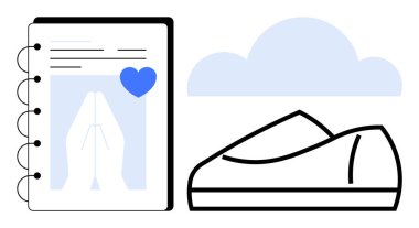 Dua ikonu ve mavi kalp sembollü defter yanında minimalist bir ayakkabı ve bulut çizimi. Sağlık, fitness, meditasyon, yaşam tarzı, refah, maneviyat, farkındalık temaları için ideal
