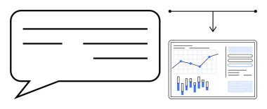 Grafikleri ve grafikleri gösteren analitik gösterge paneline bağlanan konuşma balonu. İş sunumları, veri analizleri, iletişim stratejileri, piyasa araştırmaları, raporlama içgörüleri için ideal