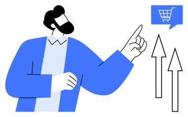 İş adamı, alışveriş arabasının simgesini işaret ediyor. Yukarı doğru üç ok, büyümeyi gösteriyor. E-ticaret, çevrimiçi alışveriş, dijital pazarlama, satış büyümesi, iş stratejisi, pazar eğilimleri için ideal