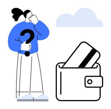 Süveterinde soru işareti olan bir kadın kredi kartıyla cüzdanın yanında kafa yoruyor. Kişisel finans, bütçe, mali planlama, karar verme, para yönetimi, tasarruf, ekonomi için ideal