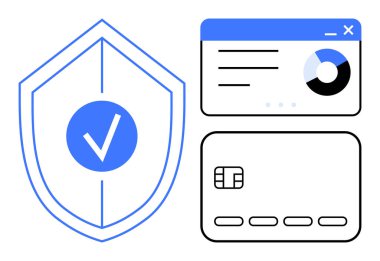Güvenlik, kredi kartı ve pasta grafiği için analitik arayüzü olan bir kalkan. Siber güvenlik için ideal, çevrimiçi işlemler, veri koruması, fintech çözümler, güvenli ödemeler, gizlilik