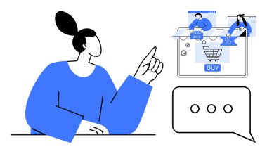 Çevrimiçi alışveriş arayüzünü işaret eden kadın satın alma düğmesi, nakit para, indirimli etiketler, bitişik sohbet baloncuğu ve elips. E-ticaret, perakende, müşteri hizmetleri, dijital pazarlama, çevrimiçi için ideal