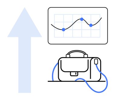 Yukarı ok, ekranda noktalı çizgi grafiği ve mavi kablolu evrak çantası. İş sunumları, büyüme stratejisi, kariyer ilerlemesi, mali başarı, kurumsal eğitim için ideal