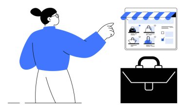Evrak çantasının yanında çeşitli ürün resimleriyle online alışveriş sitesine göz atmak. E-ticaret, çevrimiçi alışveriş, dijital pazarlama, iş, teknoloji, üretkenlik, perakende için ideal. Çizgi