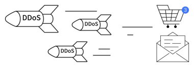 DDoS missiles aimed at a shopping cart with a notification and an envelope, representing cyberattack. Ideal for cybersecurity, online threats, email security, e-commerce protection, IT clipart