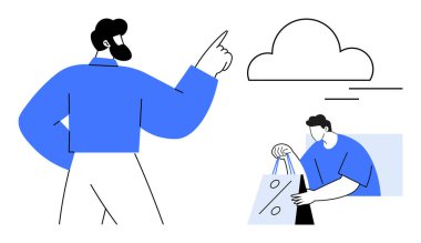 Adam bulutu işaret ediyor. Elinde gülümseyerek alışveriş torbaları tutan biri daha. Çevrimiçi alışveriş, e-ticaret, veri depolama, takım çalışması, bulut hizmetleri, müşteri hizmetleri kullanıcı etkinliği için ideal. Satır metaforu