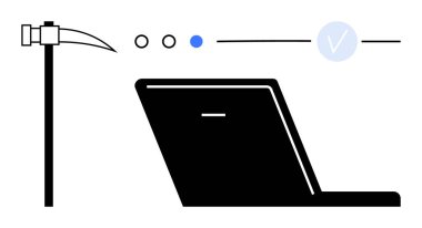 Dijital işi temsil eden dizüstü bilgisayar, elle çalışmayı sembolize eden kazma, bağlantı noktaları ve görevin tamamlandığını gösteren kontrol işareti. Dijital dönüşüm, otomasyon, teknoloji benimsenmesi için ideal
