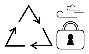 Oklarla geri dönüşüm sembolü, anahtar delikli asma kilit ve sürdürülebilirlik, güvenlik ve temiz enerjiyi gösteren rüzgar simgeleri. Çevre koruma, siber güvenlik ve yenilenebilir enerji için ideal