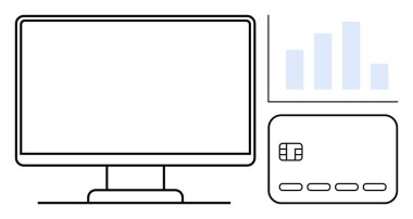 Desktop computer monitor next to a credit card and a bar graph. Ideal for financial technology, online shopping, e-commerce, finance analytics, digital payments, business insights, statistical data clipart