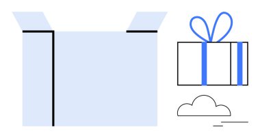 Soldaki mavi gölgeli kutuyu aç. Kapalı hediye, sağda mavi fiyonk, bulutun altında. Ecommerce, dağıtım hizmetleri, hediye verme, kutlamalar, ambalajlar, sürpriz ifşalar için ideal