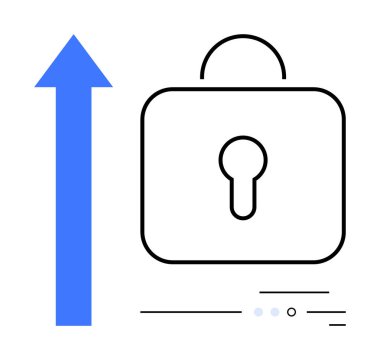 Large padlock with keyhole and upward blue arrow symbolizes security and growth. Ideal for security, progress, data protection, secure growth, positive change, protection, cybersecurity. Line clipart