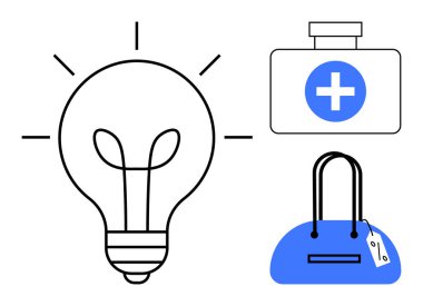 Mavi haçlı bir sağlık çantasının ve fiyat etiketli mavi bir çantanın yanında parlayan bir ampul. Yenilik, sağlık, moda, yaratıcılık, acil durum hazırlığı ve alışveriş için ideal
