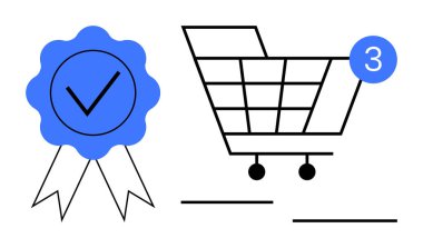 Üç öğe ve işaretli bir kalite güvence kurdelesi olan bir alışveriş arabası. E-ticaret, çevrimiçi alışveriş, müşteri memnuniyeti, perakende satış, dijital pazarlama için ideal