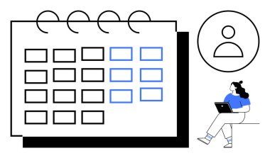 Spiral ciltleme, özet tarihler ve profil simgesiyle takvim. Sıradan ayarlarda dizüstü bilgisayar kullanan biri. Zaman yönetimi, programlama, uzaktan çalışma, üretkenlik, planlama, organizasyon için ideal