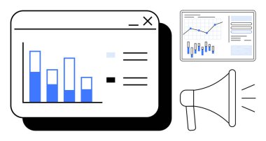 Tarayıcı penceresinde çubuk çizelgesi ve veri, ekranda çizgi grafiği ve megafon. İş analizleri, dijital pazarlama, sunumlar, veri görselleştirmesi, kampanya yönetimi, iletişim için ideal
