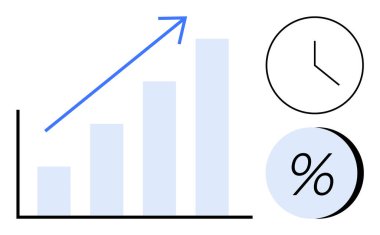 Yukarı doğru ok, saat ve yüzde sembollü çizelge. İş analizi, mali büyüme, zaman yönetimi, yatırım stratejileri, performans ölçümleri, verimlilik takibi, ekonomik