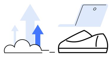 Arrows growing from clouds towards laptop and shoe, symbolizing digital progress, cloud technology, upward trends, mobility, and connection. Ideal for tech development, digital marketing, business clipart