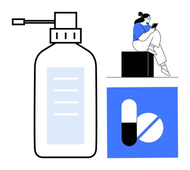 Pompalı ilaç şişesi, mavi kare arka planda haplar otururken cep telefonu okuyan biri. Sağlık, ilaç, teletıp, hasta eğitimi, tıbbi pazarlama için ideal