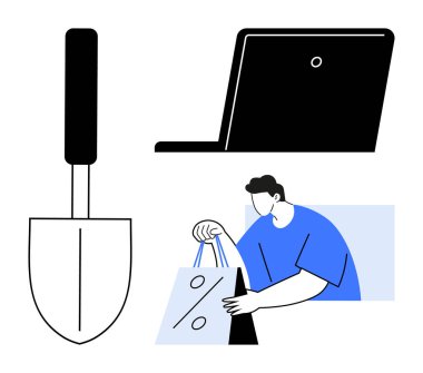 Bahçıvanlık malası, dizüstü bilgisayar ve elinde yüzde işareti olan bir alışveriş çantası tutan adam. Bahçıvanlık, online alışveriş, e-ticaret, teknoloji, hobiler, ev işleri için ideal. Satır metaforu