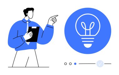 Mavi gömlekli adam elinde pano, büyük ampul simgesini gösteriyor. İş sunumları, fikir üretimi, beyin fırtınası oturumları, yenilik atölyeleri, eğitim içeriği, ürün üretimi için ideal