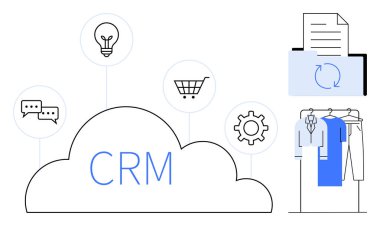 Bulut etiketli CRM, ampul, konuşma baloncukları, alışveriş arabası, vites simgeleri ile çevrili. Belgeli klasör, elbise askılığı. Müşteri yönetimi, iş iletişimi e-ticaret için ideal