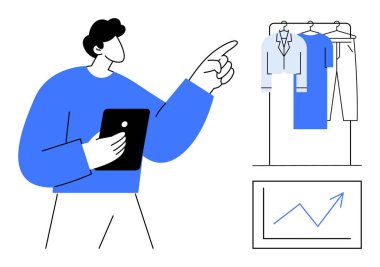 Elinde tablet olan perakendeciler, çeşitli giysilerle giyim raflarını gösteriyor. Satış tablosu ve yükselen trend monitörde. Perakende analizi, moda endüstrisi, iş stratejisi, dış ticaret, piyasa için ideal