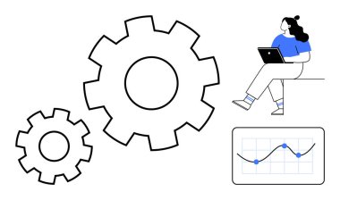 Vitesler işbirliği ve verimliliği temsil ediyor, kadın dizüstü bilgisayarla oturuyor, grafik veri analizini gösteriyor. Takım çalışması, teknoloji, iş stratejisi, iş akışı, veri analizi, verimlilik için ideal